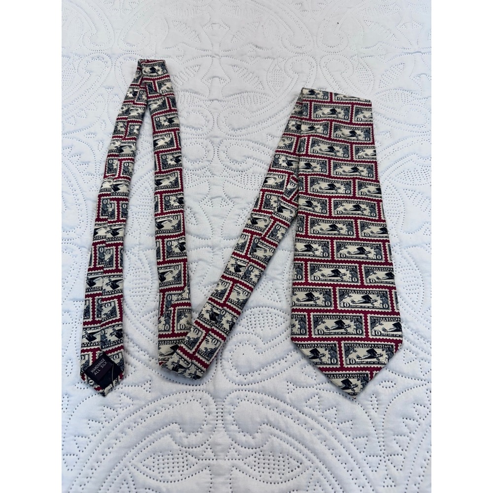 Museum Artifacts Silk Tie Lindbergh Air Mail Stamp Vintage Aviation Red Blue